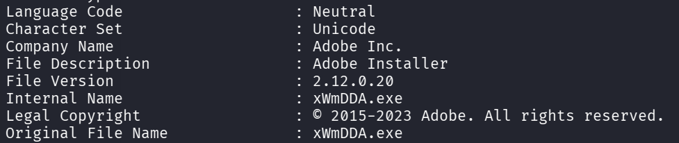Exiftool metadata output showing Company Name: Adobe Inc., File Description: Adobe Installer, Internal Name: xWmDDA.exe, Legal Copyright: © 2015-2023 Adobe. All rights reserved.